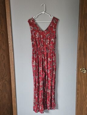 24/7 Maurices Red Floral Sleeveless Jumpsuit Romper